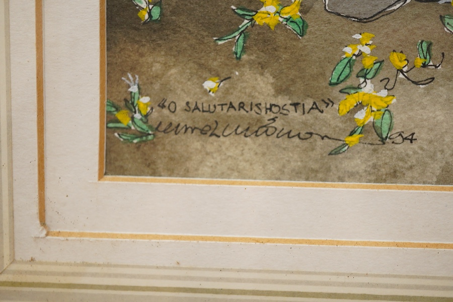 Contemporary School, 'Salutaris hostia', Religious street procession, indistinctly signed and dated '94, ink and watercolour, 59 x 45cm